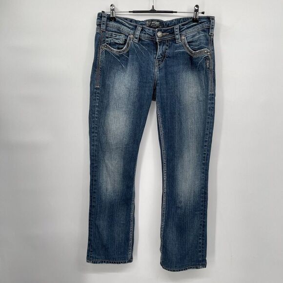 Silver Jeans Aiko Mid Baby Boot Midrise Bootcut Stretch Dark‎ Wash Size w29L33 - Picture 1 of 10